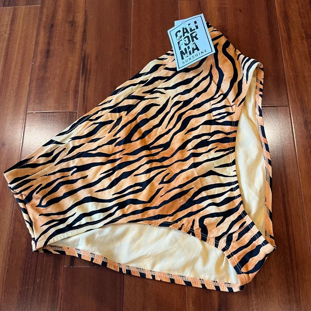 Tiger Print Bikini High Waisted Bottom Swim‎ Black Orange New Plus Size 2 / 2X